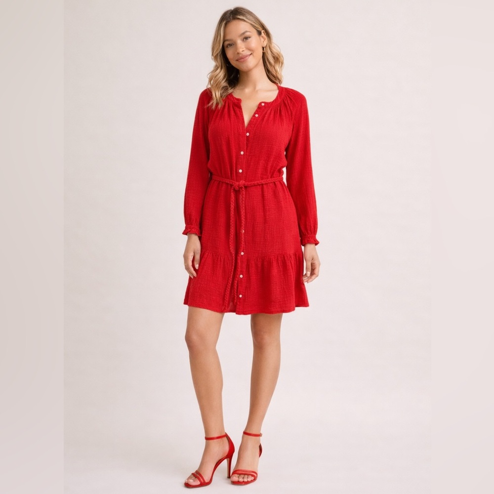 Few Moda Red Cotton Front Button Gauze Shirt Dress Boho Belt Sz Lg NWT